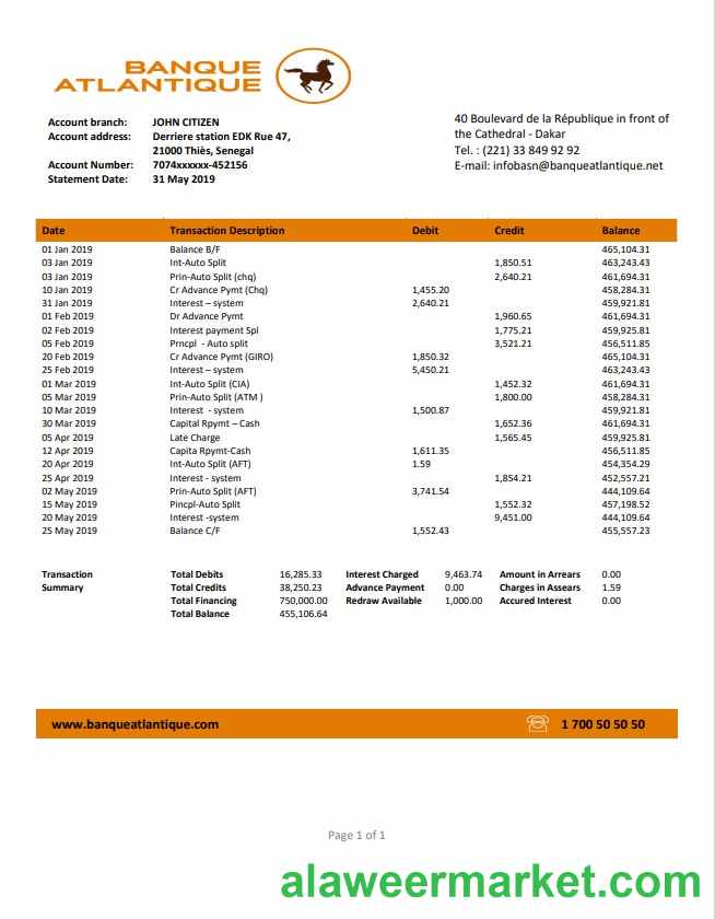 Senegal Banque Atlantique bank statement easy to fill template in Word and PDF format